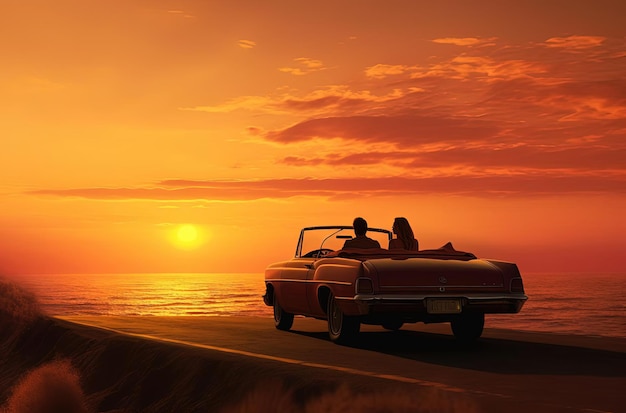 mężczyzna i kobieta siedzą w kabriolecie o zachodzie słońca w stylu romantycznych pejzaży morskich