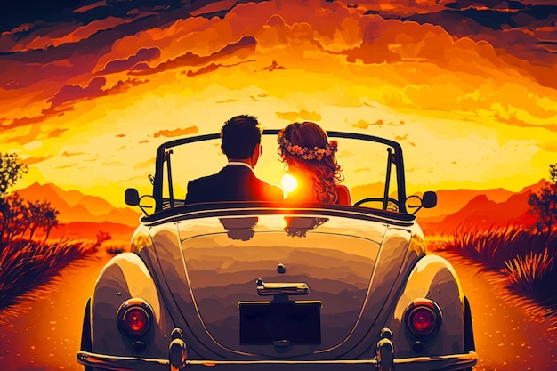 Mężczyzna i kobieta siedzą w samochodzie i oglądają zachód słońca Generative AI