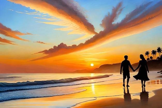 mężczyzna i kobieta spacerują po plaży o zachodzie słońca