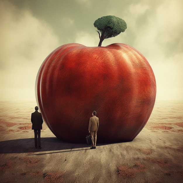 Mężczyzna i kobieta stoją na pustyni, patrząc na gigantyczne czerwone jabłko.