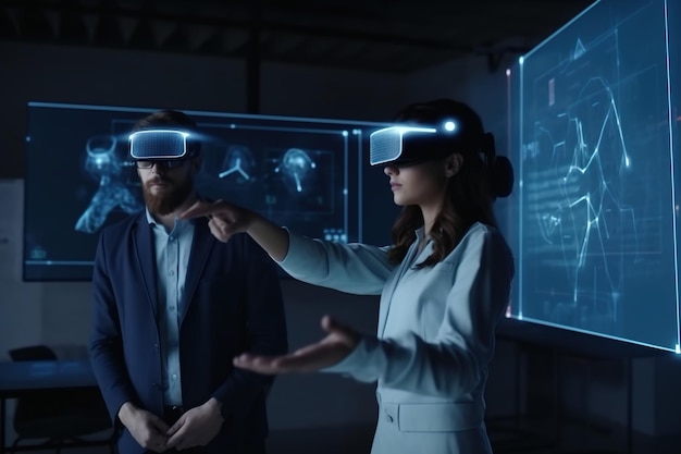 Mężczyzna i kobieta stoją przed wyświetlaczem okularów wirtualnej rzeczywistości