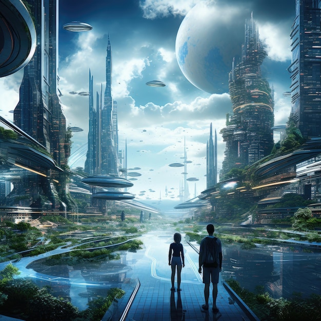 Zdjęcie mężczyzna i kobieta stojący na drodze i patrzący na futurystyczne miasto