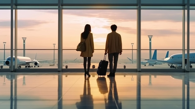 Mężczyzna i kobieta stojący na lotnisku, lotnisko, poczucie przygody, para.