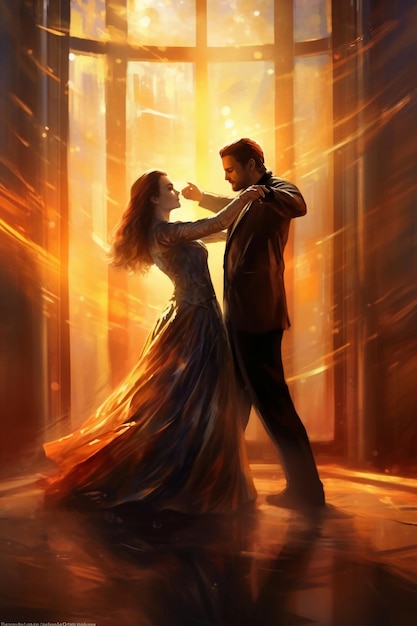 Mężczyzna i kobieta tańczą w pokoju, a za nimi promienie światła AI generatywne