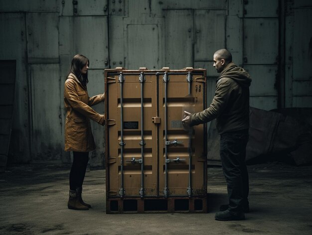 Mężczyzna i kobieta trzymają duże brązowe pudełko w ciemnym pokoju.