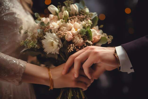 Mężczyzna i kobieta trzymają kwiaty, kobieta trzyma bukiet.