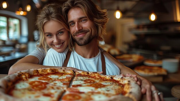 Zdjęcie mężczyzna i kobieta trzymający dużą pizzę