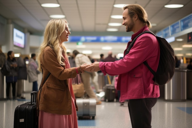 Mężczyzna i kobieta uściskają sobie ręce na lotnisku
