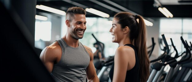 Mężczyzna i kobieta uśmiechają się do siebie w siłowni.