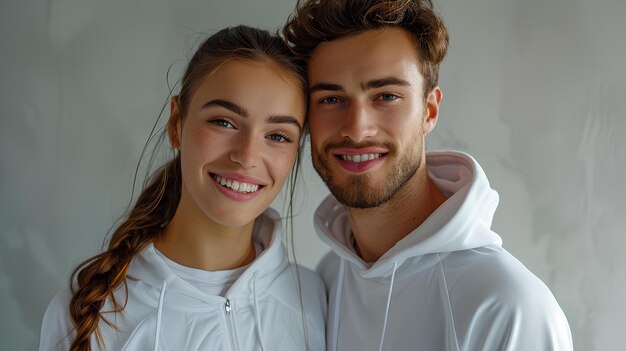 Zdjęcie mężczyzna i kobieta uśmiechają się do zdjęcia razem, obaj noszą białe kaptury i białe
