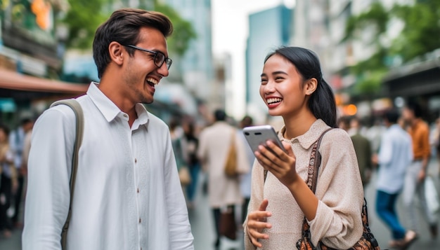 Mężczyzna i kobieta uśmiechają się i uśmiechają, patrząc na smartfon.