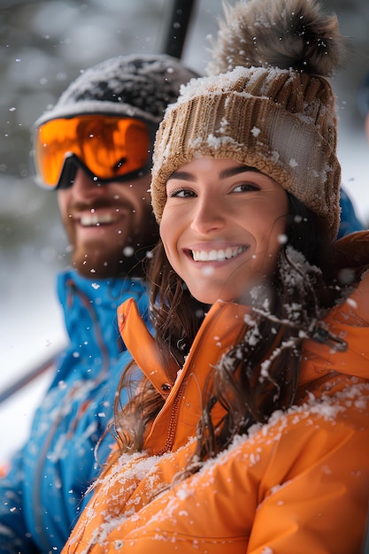 Mężczyzna i kobieta uśmiechają się podczas jazdy na windzie narciarskiej w śniegu z śniegiem padającym wokół nich
