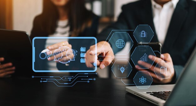 Mężczyzna i kobieta używający chatbota w komputerze i tabletie inteligentna inteligencja Ai Chat z AI Sztuczna inteligencja opracowana przez OpenAI generuje futurystyczny robot technologiczny w systemie online w biurze