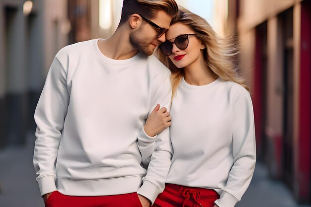 Mężczyzna i kobieta w białym swetrze Gildan Valentine Oversized Sweatshirt mockup