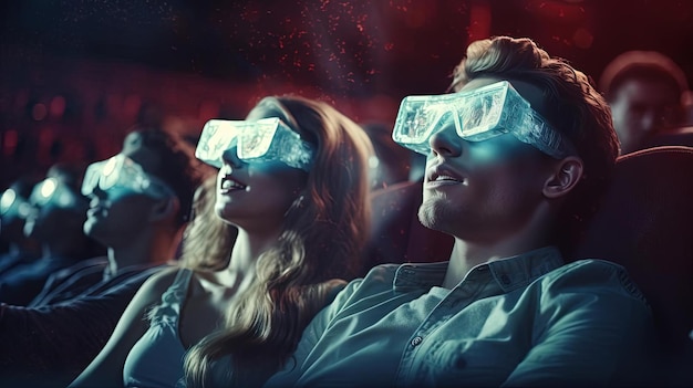Zdjęcie mężczyzna i kobieta w okularach oglądają film w teatrze w stylu oświetlenia wolumetrycznego