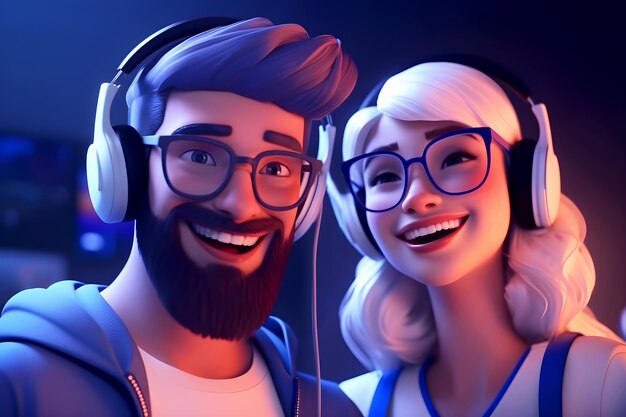 Mężczyzna i kobieta w okularach, słuchanie muzyki w słuchawkach, uśmiechając się Ilustracja