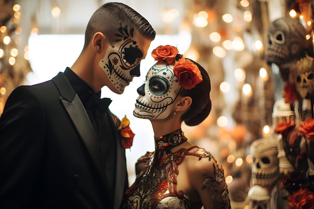 Mężczyzna i kobiety calavera makeup Dia de los Muertos carnaval