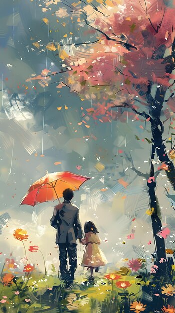 Mężczyzna i mała dziewczynka podróżują w deszczu pod parasolem.