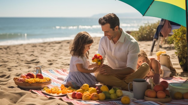 Mężczyzna i mała dziewczynka siedzą spokojnie na piaszczystej plaży, ciesząc się spokojnym pięknem zachodu słońca.