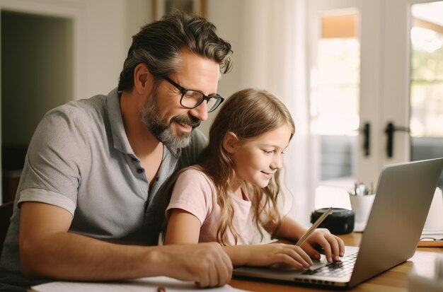 Mężczyzna i mała dziewczynka używają laptopa do pracy i wspólnej nauki