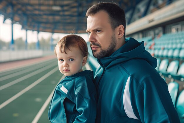 Zdjęcie mężczyzna i małe dziecko w pasujących kombinezonach na stadionie sportowym