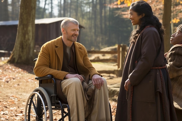 Zdjęcie mężczyzna i pracownik opieki zdrowotnej rozmawiają z starszą kobietą na wózku inwalidzkim w parku