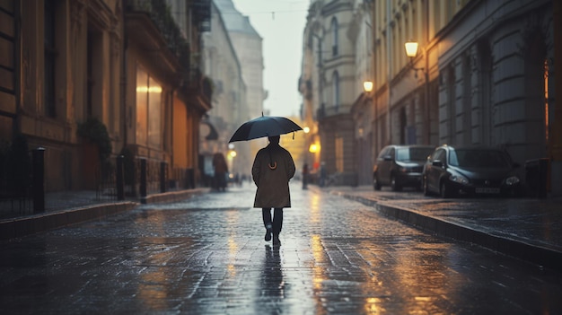 Mężczyzna idący deszczową ulicą z parasolem.