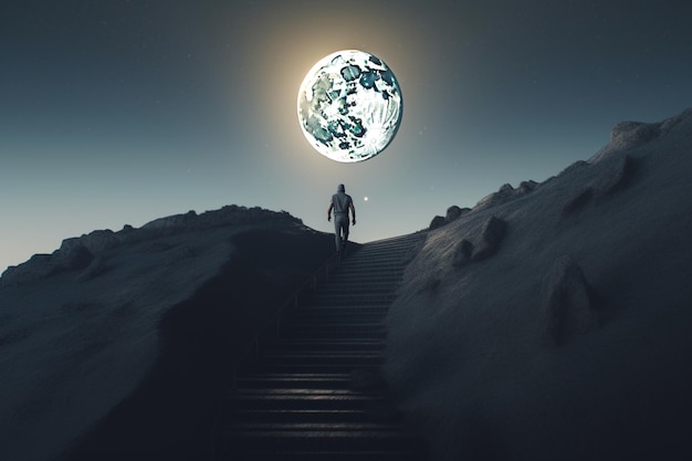 Mężczyzna idący pod górę z księżycem w tle.