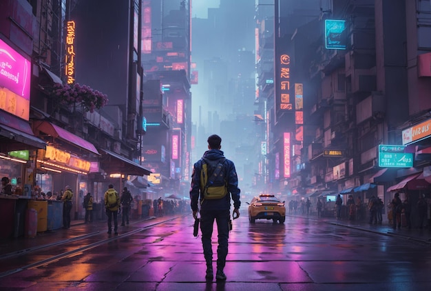 Mężczyzna idący sam w deszczu Cyberpunk City