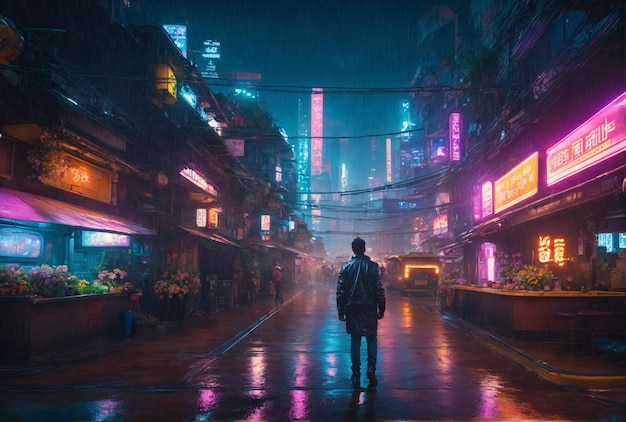 Mężczyzna idący sam w deszczu Cyberpunk City