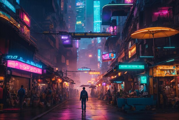 Mężczyzna idący sam w deszczu Cyberpunk City