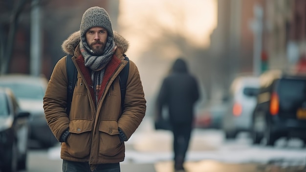 Mężczyzna idący ulicą w czapce i kapeluszu