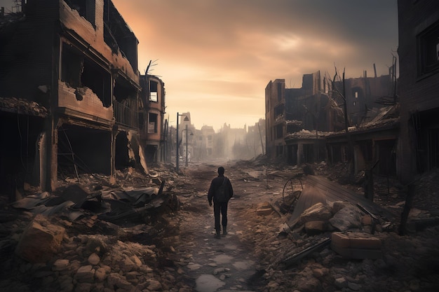 Mężczyzna idący ulicą w zniszczonym mieście