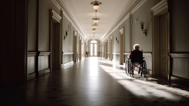 Zdjęcie mężczyzna idzie korytarzem z wózkiem inwalidzkim ai generated