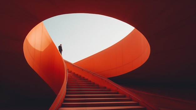 Mężczyzna idzie po czerwonych schodach z czerwonymi schodami prowadzącymi do nieba.