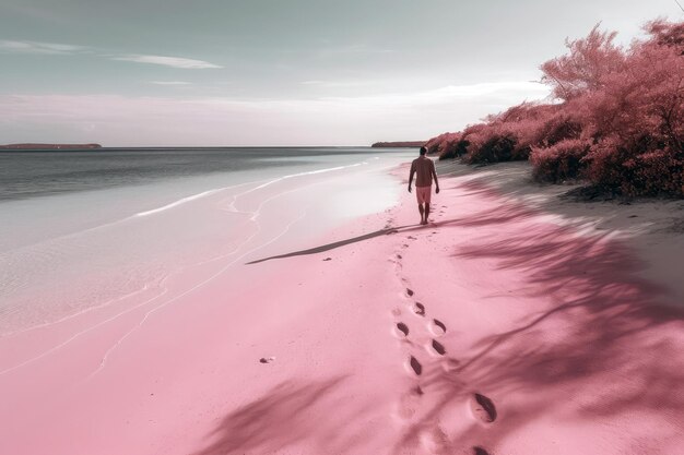 Mężczyzna idzie po różowym piasku obok oceanu Generacyjna sztuczna inteligencja