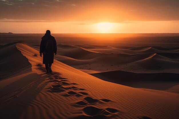 Mężczyzna idzie przez pustynię o zachodzie słońca.