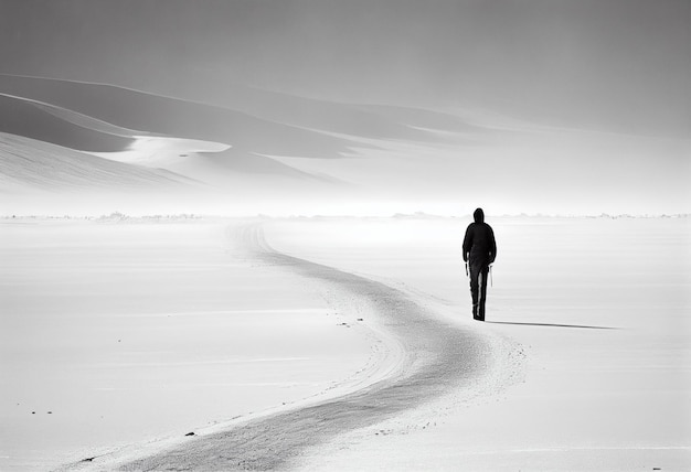 Mężczyzna idzie przez pustynię ze szlakiem na pierwszym planie.
