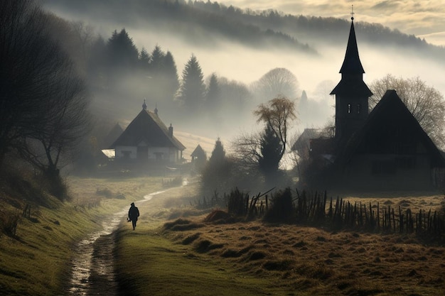 Zdjęcie mężczyzna idzie ścieżką na wsi z kościołem w tle.