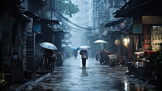 Mężczyzna idzie ulicą z parasolem w deszczu.