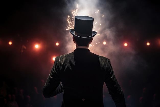 Mężczyzna iluzjonista w garniturze i czapce wykonujący magię na scenie
