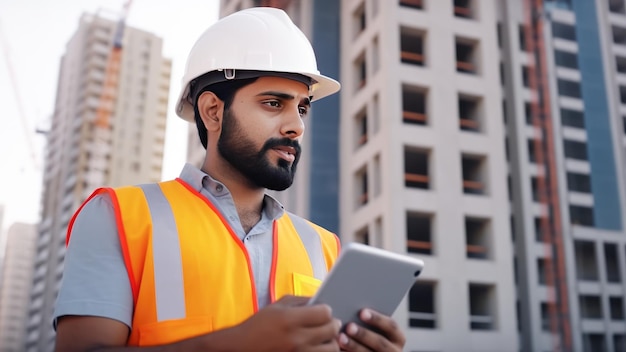 Mężczyzna indyjski budowniczy w białym kasku ochronnym iz cyfrowym tabletem w dłoniach na tle budowanego domu Generative AI