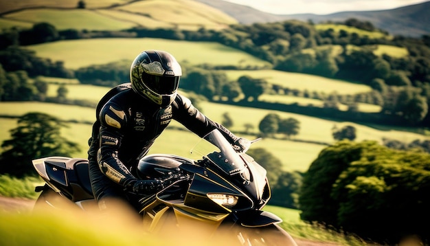 Zdjęcie mężczyzna jadący motocyklem na wzgórzu z krajobrazem w tle