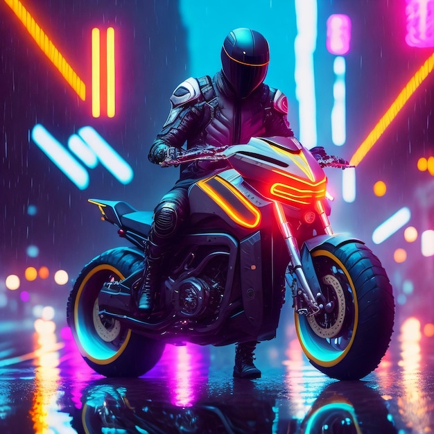 Mężczyzna jadący motocyklem w futurystycznym mieście z neonowymi światłami.