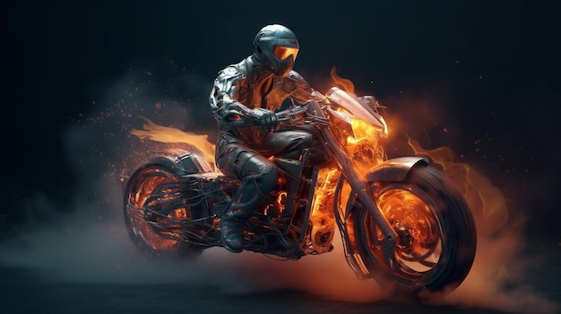 Mężczyzna jadący na motocyklu z płonącym ogniem na tylnym ai