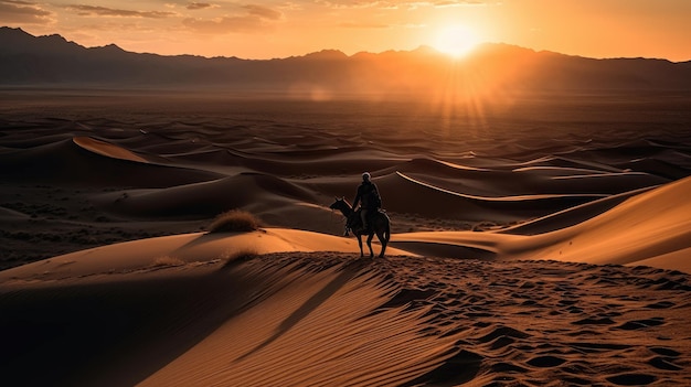 Mężczyzna jadący na wielbłądzie na pustyni o zachodzie słońca