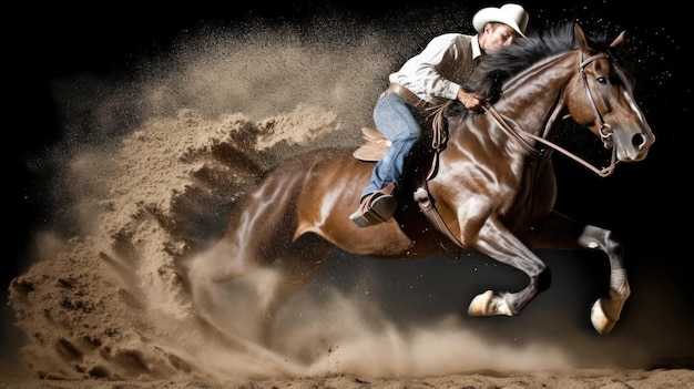 Mężczyzna jedzie na koniu w kowbojskim kapeluszu.