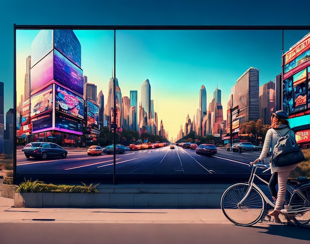 Mężczyzna jedzie na rowerze obok billboardu z napisem „miasto jest z boku”.