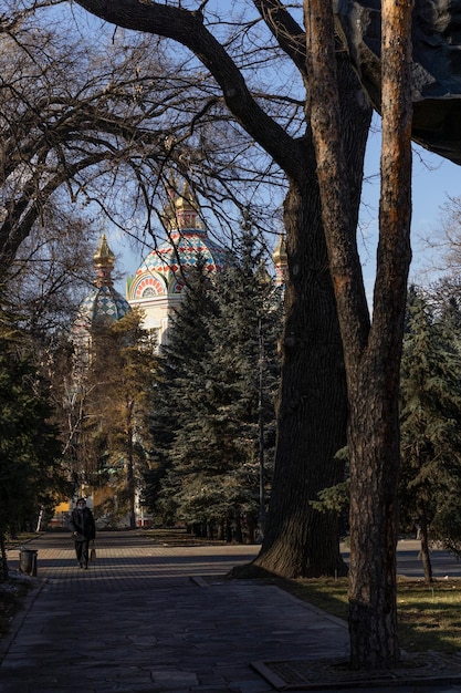 Mężczyzna jedzie na rowerze przez park w moskwie