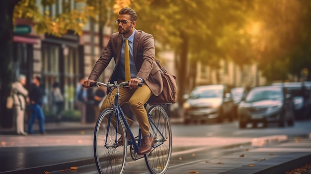 Mężczyzna jedzie na rowerze ulicą miasta.
